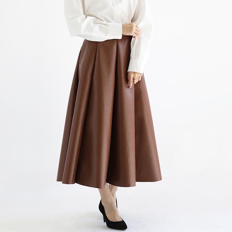 ブラウン | フェイクレザー フレアスカート レザースカート | COCOMOMO