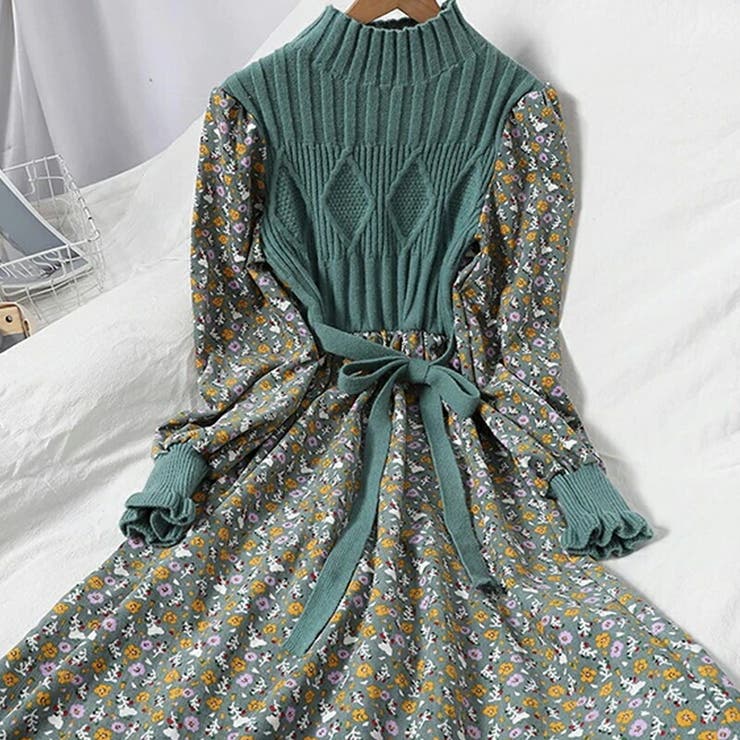 デシグアル Desigual 花柄 リブ編み ミディワンピース （ブルー