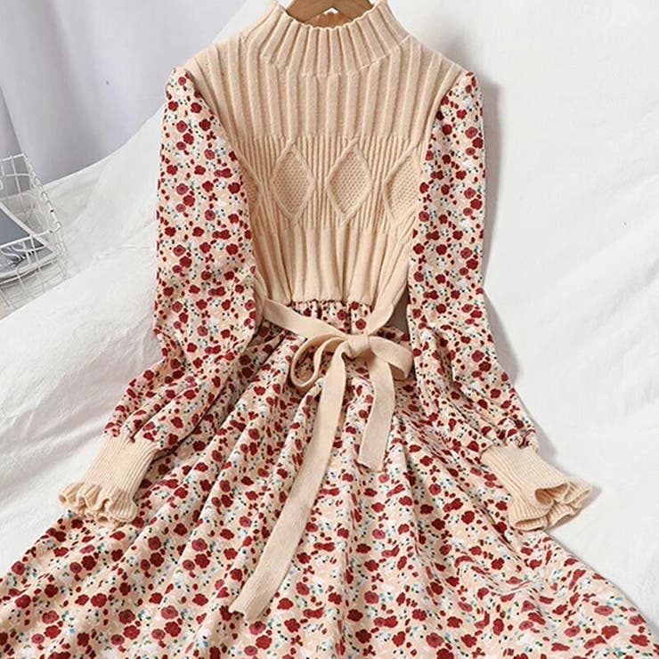 ニットワンピース ロングワンピース 花柄ワンピース[品番：COCW0002994