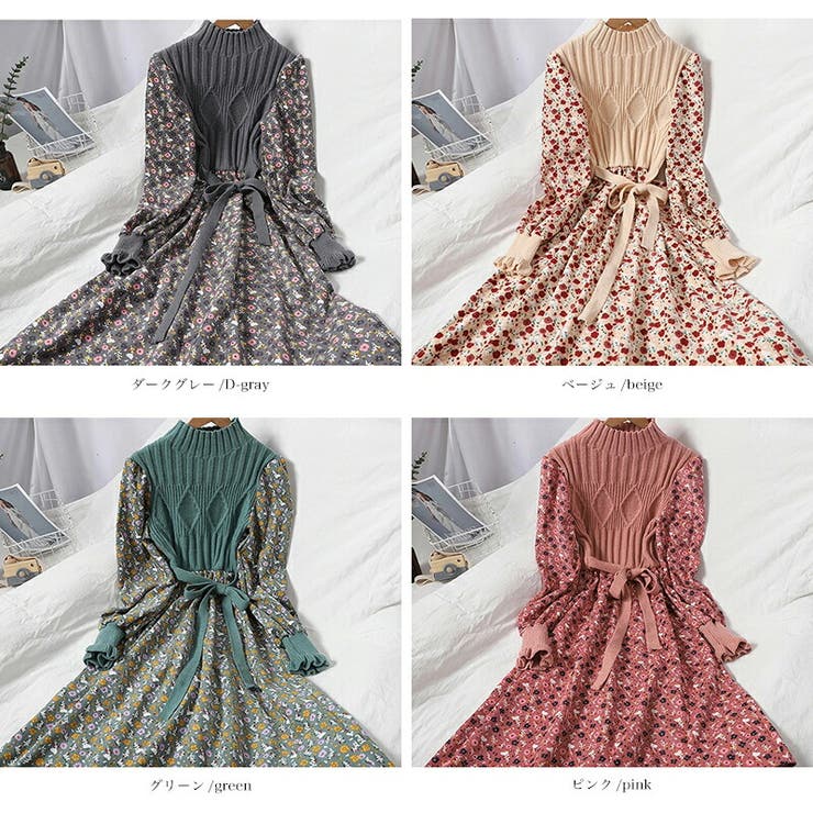 ニットワンピース ロングワンピース 花柄ワンピース[品番