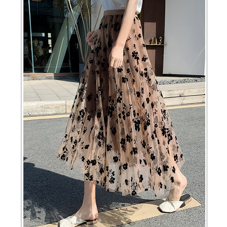 花柄 シースルー チュールスカート[品番：COCW0003017]｜COCOMOMO