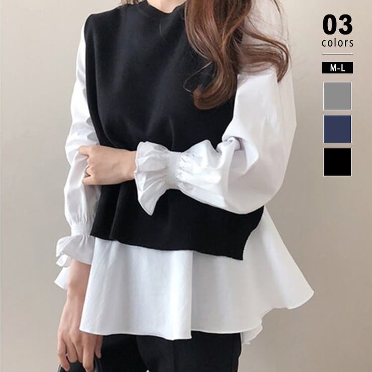 ブラック | ニットベスト ペプラムブラウスニット ベスト | COCOMOMO