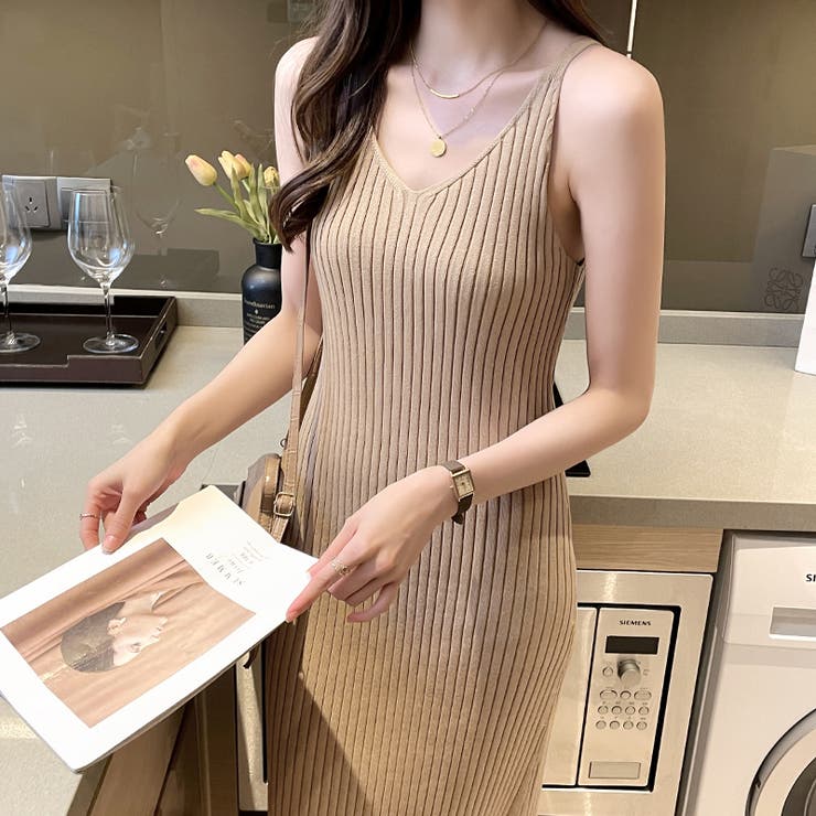 ロング丈キャミワンピ ニットワンピース キャミワンピース[品番