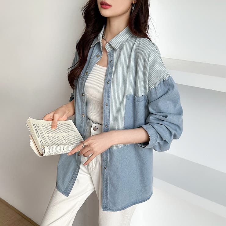 パッチワークシャツ タンガリーシャツ シャンブレー | COCOMOMO | 詳細画像13 