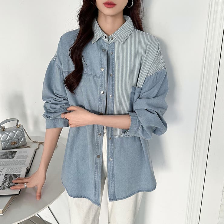 パッチワークシャツ タンガリーシャツ シャンブレー | COCOMOMO | 詳細画像15 