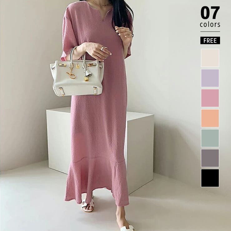 ピンク | ティアードフレアワンピース ロングワンピース キーネック | COCOMOMO