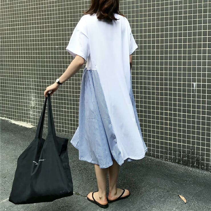 レディース 半袖 Tシャツワンピース ストライプ柄 切替え 夏[品番 