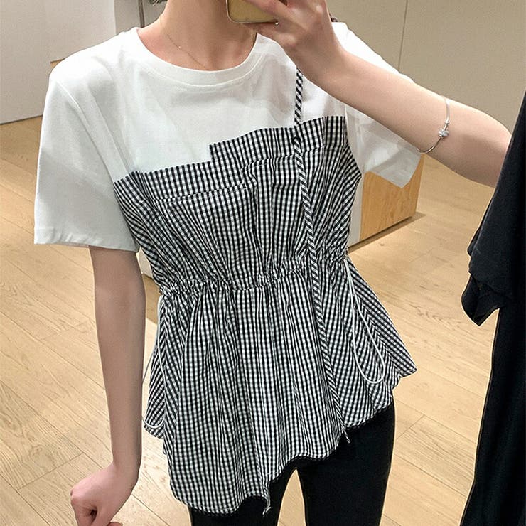 レディース アシンメトリー切替Tシャツ Tシャツ ギンガムチェック柄