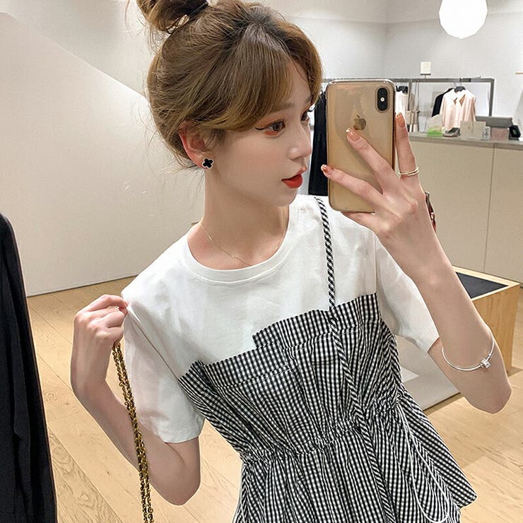 レディース アシンメトリー切替Tシャツ Tシャツ ギンガムチェック柄