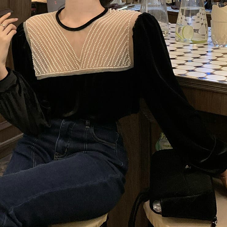 ベルベット シースルーブラウス レディース パール ベロアドッキング  