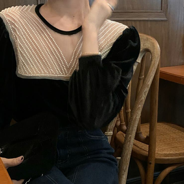 ベルベット シースルーブラウス レディース パール ベロアドッキング  