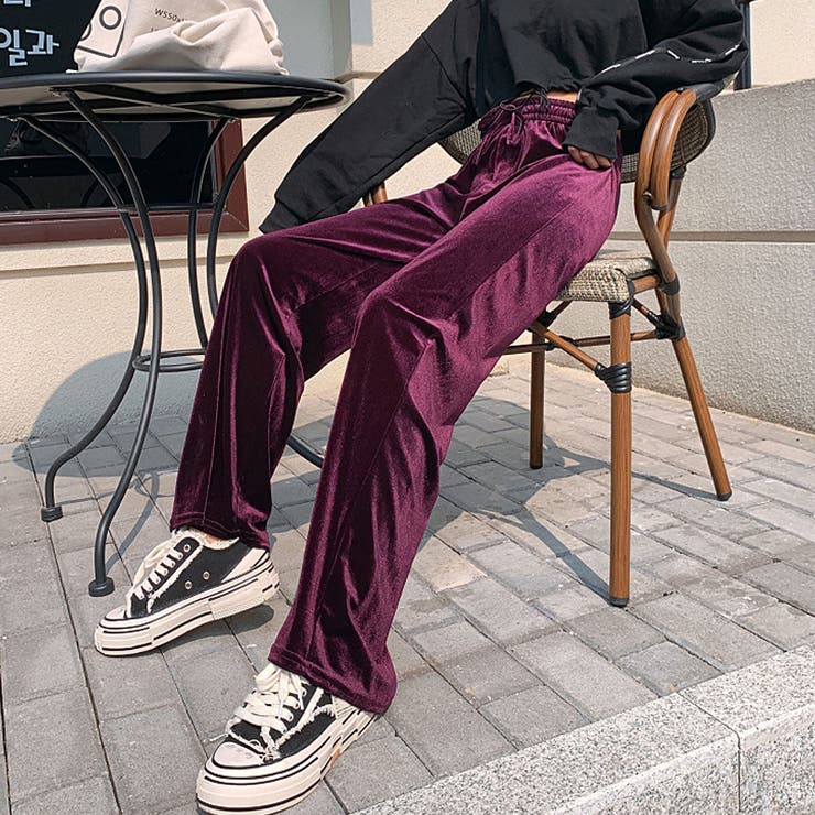 ワイドレッグパンツ ベルベット ベロアセミワイドパンツ レディース
