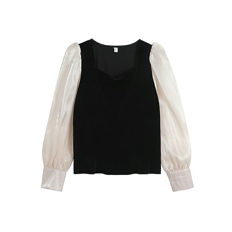 ベルベット シースルーブラウス ベロアドッキングトップス[品番  