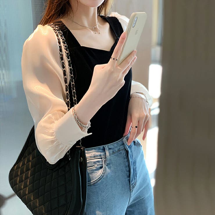 ベルベット シースルーブラウス ベロアドッキングトップス[品番  