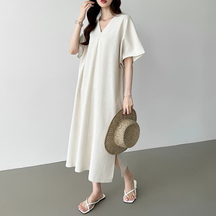 コットンリネンワンピース 夏ワンピース Vネックロング