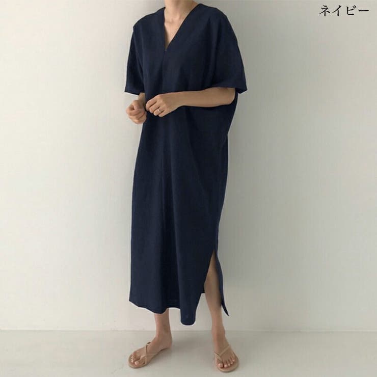 コットンリネンワンピース 夏ワンピース Vネックロング