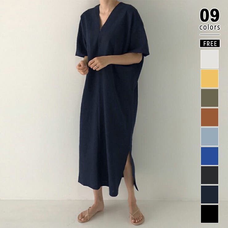 ネイビー | コットンリネンワンピース 夏ワンピース Vネックロングワンピース | COCOMOMO
