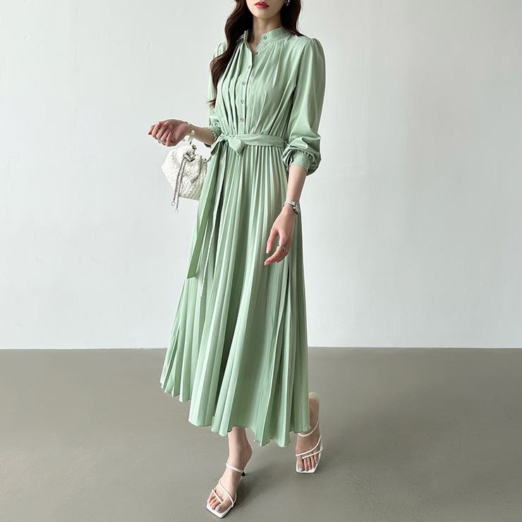 プリーツワンピース ロングワンピース オフィスカジュアル[品番