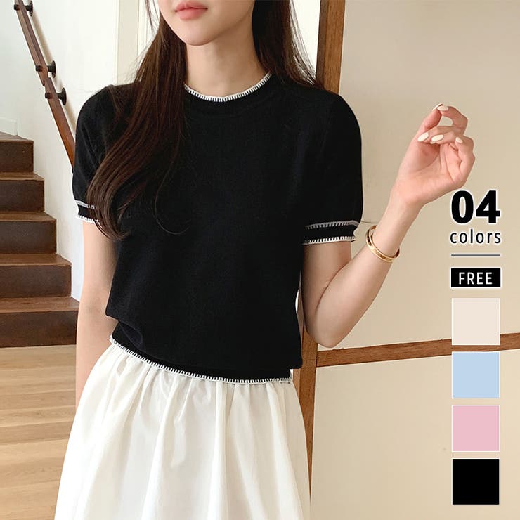 ブラック | ステッチデザイン サマーニット 韓国ファッション | COCOMOMO