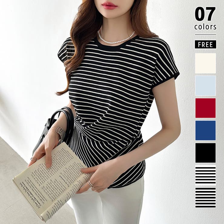 ブラック.ボーダー | クロストップス サマーニット フレンチスリーブ | COCOMOMO