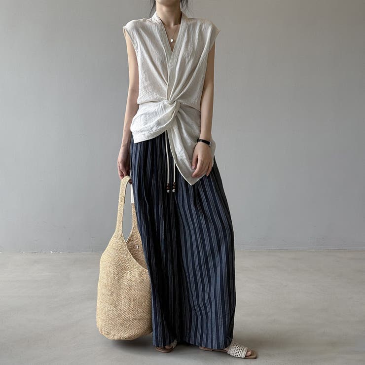 ストライプパンツ ワイドパンツ コットンリネン | COCOMOMO | 詳細画像4 