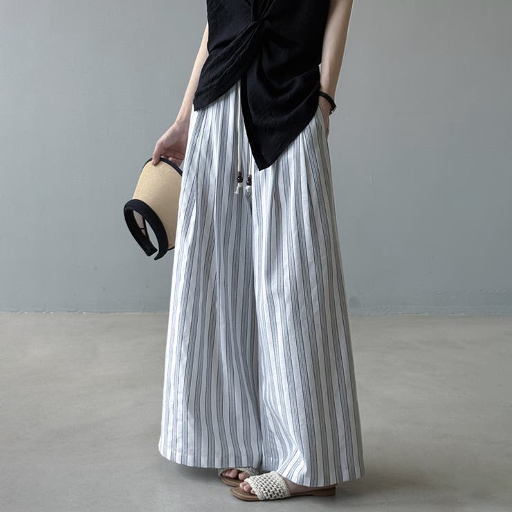 ストライプパンツ ワイドパンツ コットンリネン | COCOMOMO | 詳細画像7 