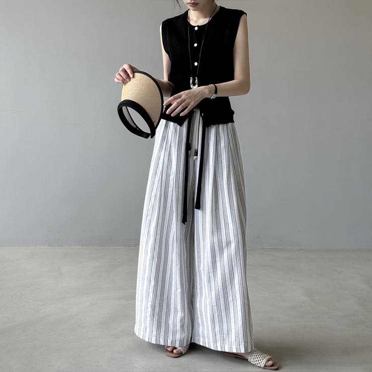 ストライプパンツ ワイドパンツ コットンリネン | COCOMOMO | 詳細画像9 