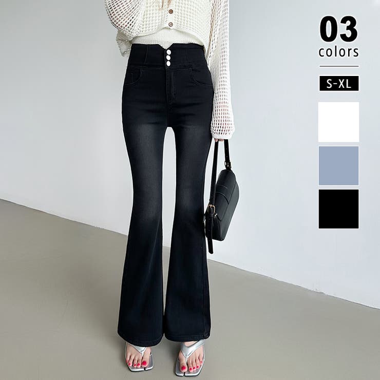 ブラック | フレアデニムパンツ フレアパンツ デニム | COCOMOMO