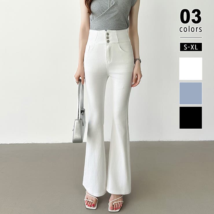 ホワイト | フレアデニムパンツ フレアパンツ デニム | COCOMOMO
