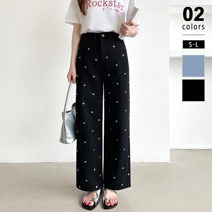 ブラック | ハートスタッズデニムパンツ ハート柄 デニムパンツ | COCOMOMO