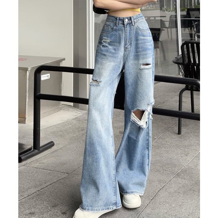 パンツ ボトムス ジーンズ デニム ワイド ダメージ4colors S/2XL ジーンズ デニム デニムパンツ ダメージ加工 パンツ レディース