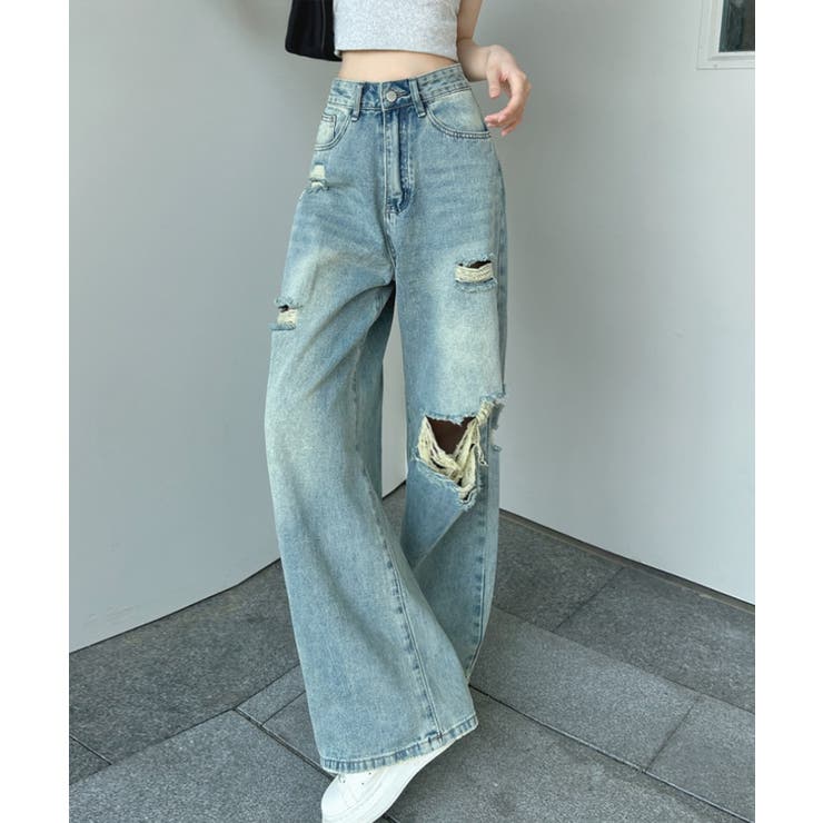 ダメージ ワイド パンツ デニム ストレート 韓国 スタイリッシュ 楽天市場】 レディース 春秋 デニム パンツ 韓国 レディース