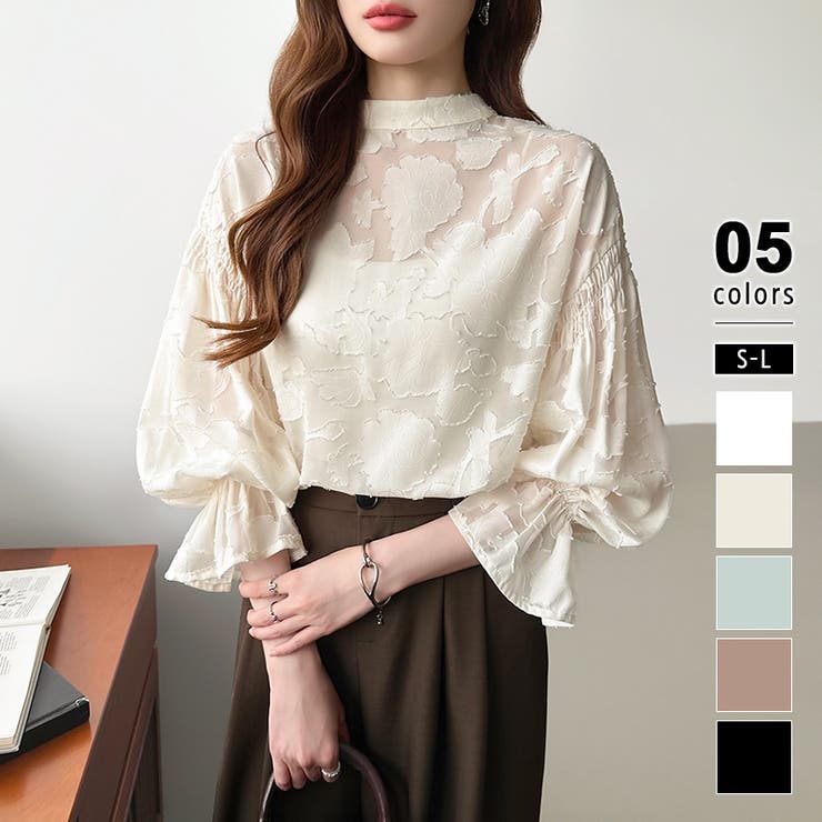 ベージュ | 前後2way ジャガードブラウス シフォンブラウス | COCOMOMO