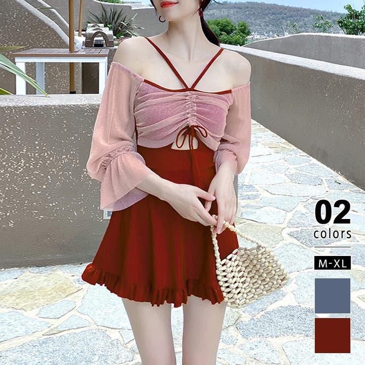 レッド | 2wayオフショル水着 ワンピース水着 水着体型カバー | COCOMOMO