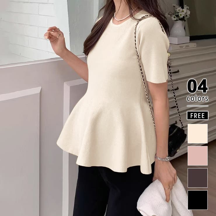 アイボリー | ペプラムトップス サマーニット オフィスカジュアル | COCOMOMO