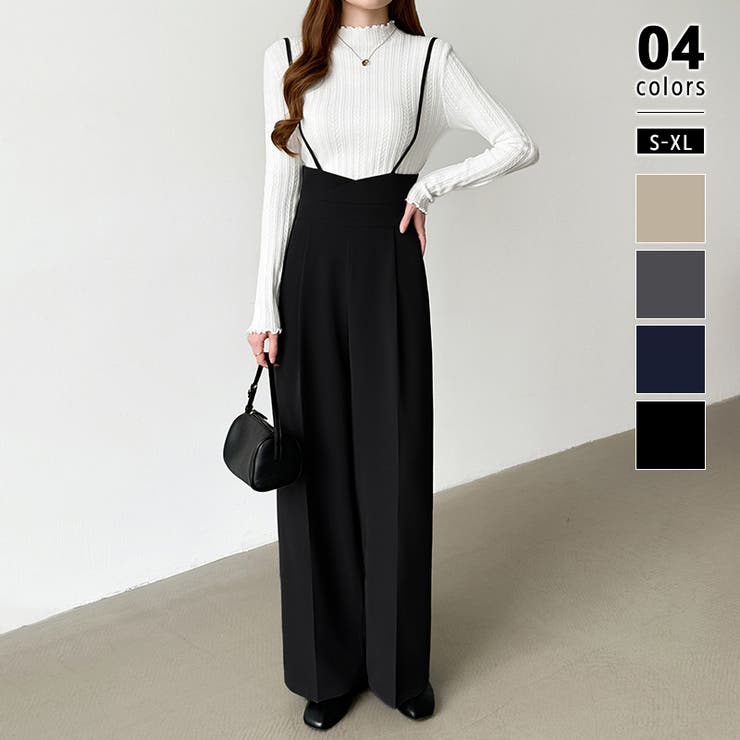 ブラック | サロペットパンツ ハイウエスト ワイドパンツ | COCOMOMO