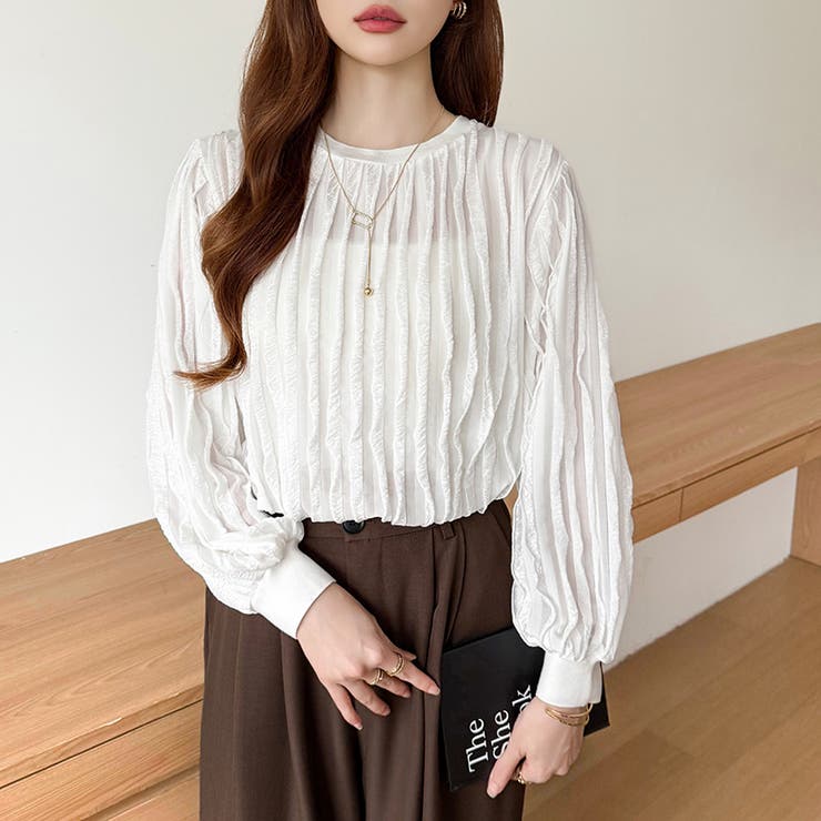 フリルトップス 長袖カットソー ウェーブTシャツ[品番