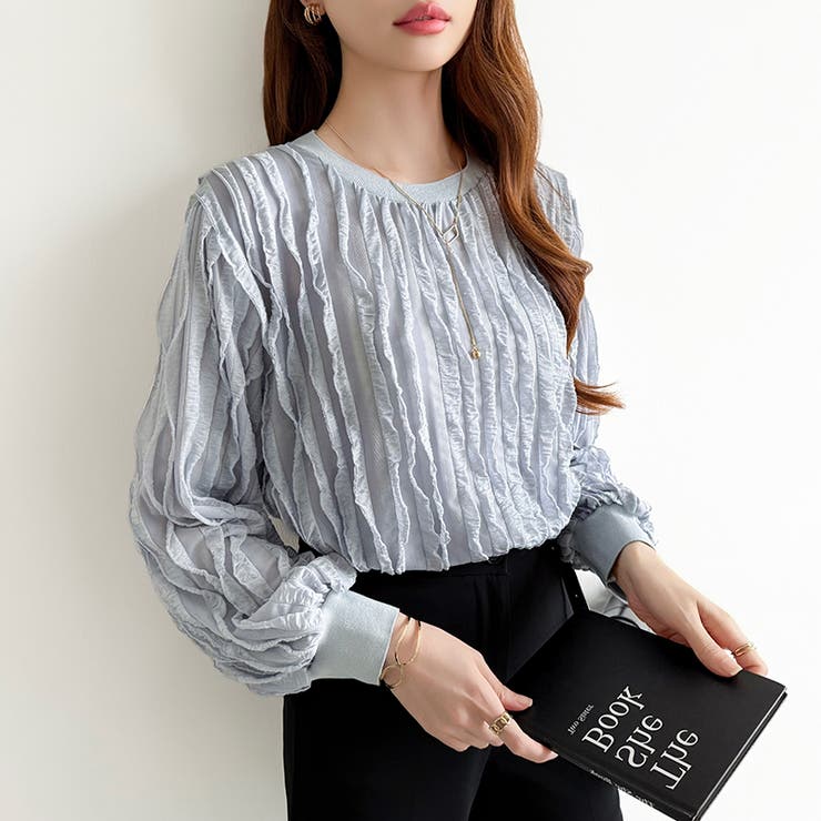 フリルトップス 長袖カットソー ウェーブTシャツ[品番