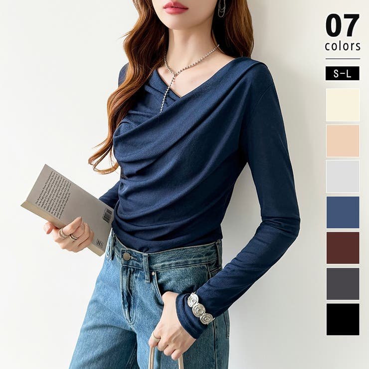 ネイビー | オフショルダードレープトップス オフショルダー シアートップス | COCOMOMO