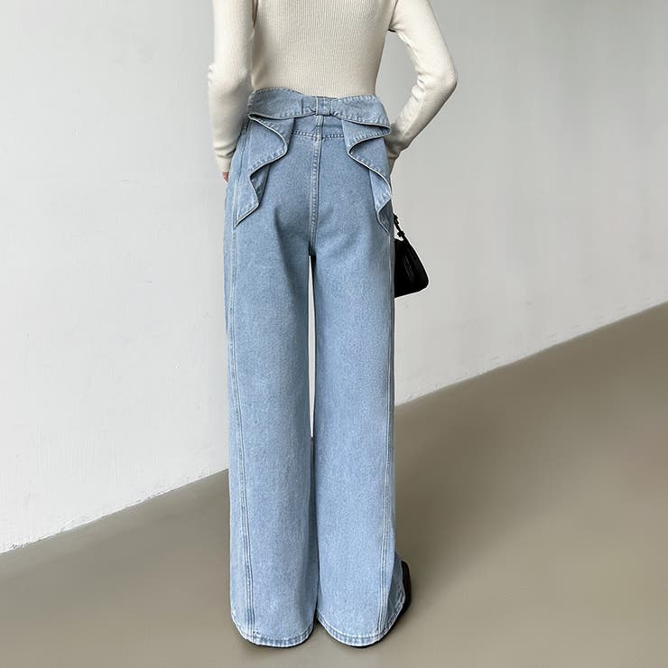 バックリボンデニムパンツ ワイドデニムパンツ リボンデニム[品番