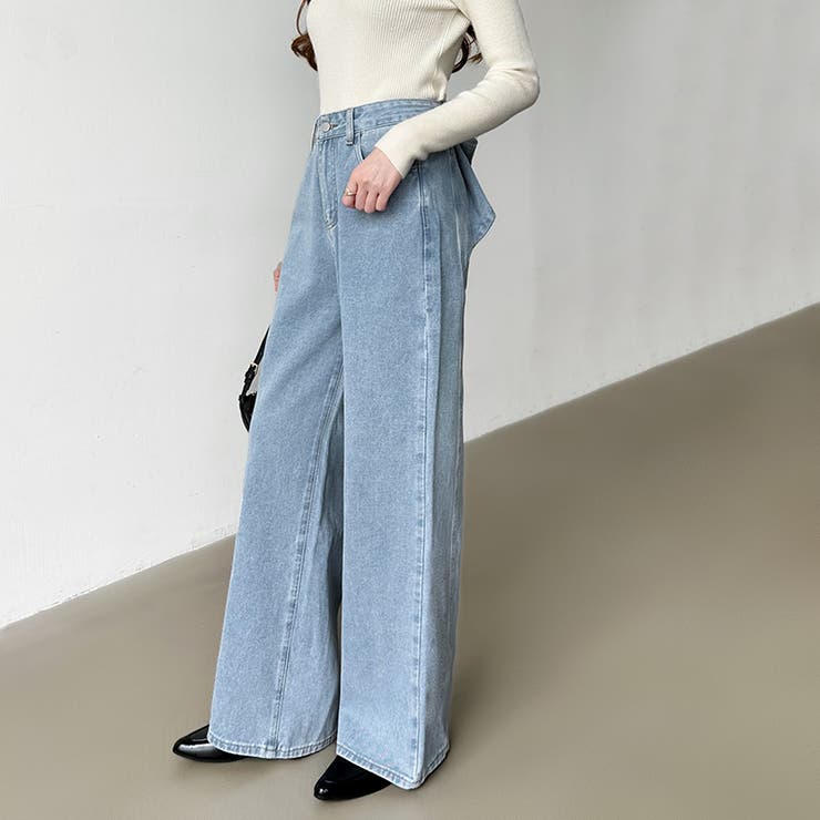 バックリボンデニムパンツ ワイドデニムパンツ リボンデニム[品番