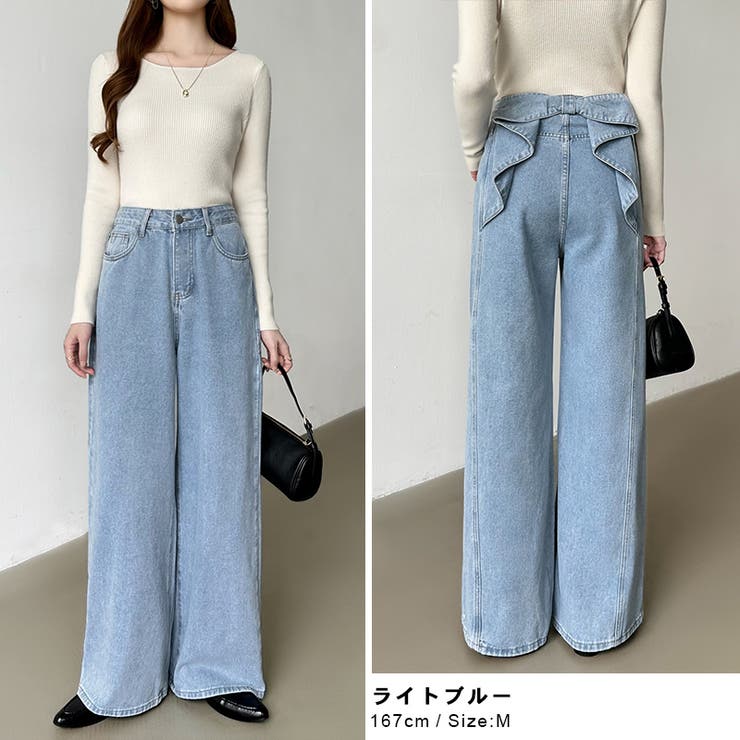 バックリボンデニムパンツ ワイドデニムパンツ リボンデニム[品番