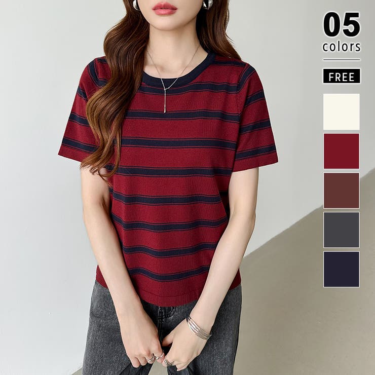 レッド | サマーニット ボーダーニット トップス夏 | COCOMOMO