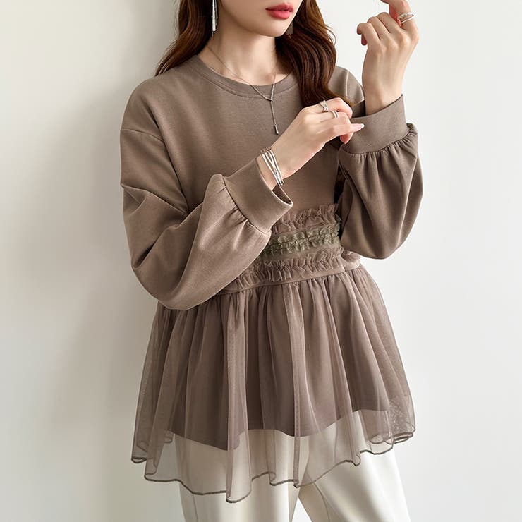 チュールドッキングペプラムトップス ペプラム ダンボールスウェット | COCOMOMO | 詳細画像11 