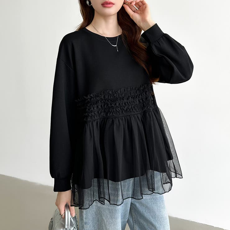 チュールドッキングペプラムトップス ペプラム ダンボールスウェット | COCOMOMO | 詳細画像19 