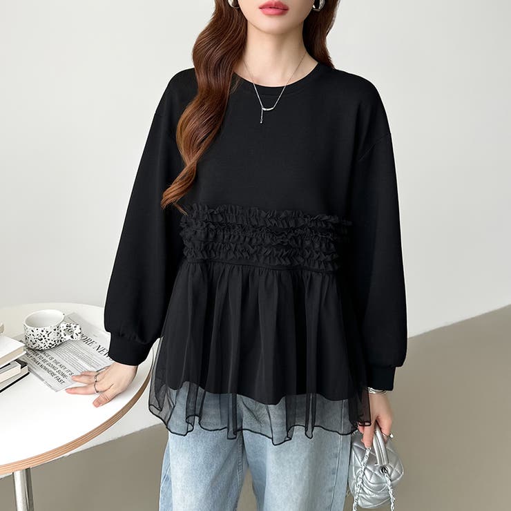 チュールドッキングペプラムトップス ペプラム ダンボールスウェット | COCOMOMO | 詳細画像22 