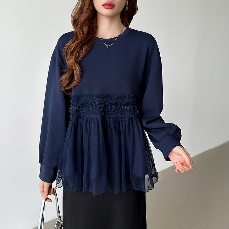 チュールドッキングペプラムトップス ペプラム ダンボールスウェット