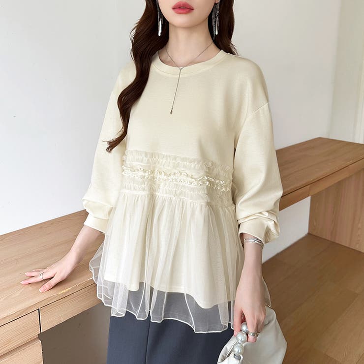 チュールドッキングペプラムトップス ペプラム ダンボールスウェット | COCOMOMO | 詳細画像8 