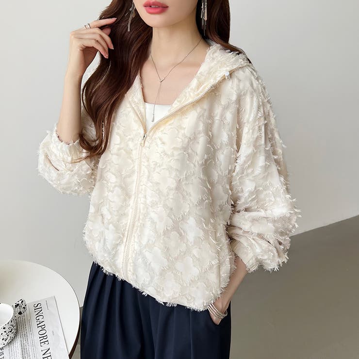 フラワーカットジャガードブルゾン パーカーブルゾン ドロスト付き | COCOMOMO | 詳細画像14 