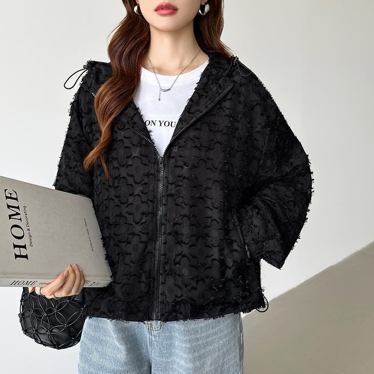 フラワーカットジャガードブルゾン パーカーブルゾン ドロスト付き | COCOMOMO | 詳細画像17 